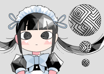 1girl abe_tomomi apron black_eyes black_hair blunt_bangs bow bowtie closed_mouth fanged_bangs grey_background maid maid_headdress no_nose original patterned_eyes puffy_short_sleeves puffy_sleeves short_sleeves simple_background solo white_bow white_bowtie