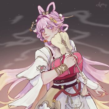 Rule 34 | 1girl, absurdres, breasts, chinese clothes, chinese hairstyle, closed mouth, commentary, diamond-shaped pupils, diamond (shape), elf, elysia (hi love elf) (honkai impact), elysia (honkai impact), flower, grey background, hair flower, hair ornament, hand fan, highres, holding, holding fan, honkai (series), honkai impact 3rd, kyunnichii, large breasts, long hair, official alternate costume, pink hair, pointy ears, purple eyes, solo, symbol-only commentary, symbol-shaped pupils, very long hair