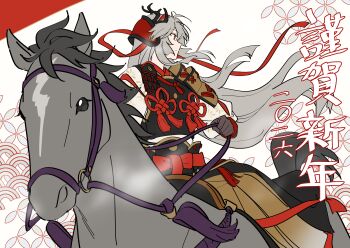 Rule 34 | 1boy, absurdres, armor, bad link, chorefuji, closed mouth, commentary request, floating hair, gloves, grey gloves, grey hair, highres, holding, holding reins, horse, horseback riding, long hair, looking back, male focus, original, red eyes, reins, riding, shoulder armor, sitting, translation request