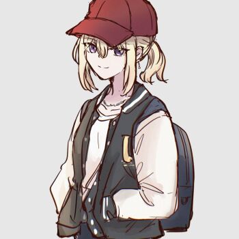 Rule 34 | 1girl, backpack, bag, bang dream!, bang dream! it's mygo!!!!!, baseball cap, black jacket, blonde hair, blue bag, commentary request, grey background, hair between eyes, hands in pockets, hat, jacket, looking at viewer, misumi uika, open clothes, open jacket, ponytail, purple eyes, red hat, setou (bpdne), shirt, short hair, short ponytail, sidelocks, simple background, solo, white shirt