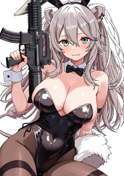 1girl absurdres animal_ear_hairband animal_ears black_leotard bow bowtie breasts brown_pantyhose covered_navel daelriibres detached_collar extra_ears fake_animal_ears fur-trimmed_jacket fur_trim grey_hair gun hairband highres hololive jacket large_breasts leotard lion_ears lion_girl lion_tail long_sidelocks pantyhose parallel_piercings playboy_bunny rabbit_ears shishiro_botan side-tie_leotard sidelocks simple_background smile solo strapless strapless_leotard tail thighband_pantyhose virtual_youtuber weapon weapon_request white_background wrist_cuffs