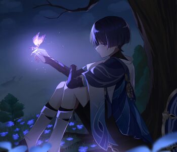 1boy absurdres armor bare_tree black_bridal_gauntlets black_hair black_shorts blue_cape blue_flower blue_hat blue_sleeves blunt_ends bridal_gauntlets cape closed_mouth cloud cloudy_sky creature_on_hand expressionless flower fog from_side furisode genshin_impact gold hand_up hat highres japanese_armor japanese_clothes kimono kote kurokote layered_sleeves leg_warmers looking_at_creature male_focus night okuraa_13 outdoors purple_eyes scaramouche_(genshin_impact) short_sleeves shorts sitting sky solo tree tsurime unworn_hat unworn_headwear wanderer_(genshin_impact) white_kimono white_leg_warmers white_sleeves white_trim