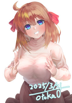 1girl 2025 black_skirt blue_eyes breasts breasts_squeezed_together brown_hair clenched_teeth commentary_request grabbing_own_breast hair_ribbon highres hirokawa_takemi jikkyou_powerful_pro_yakyuu looking_at_viewer medium_hair ootsuka_rei power_pro_kun_pocket power_pro_kun_pocket_9 red_ribbon ribbon signature skirt smile solo sweater teeth white_background white_sweater
