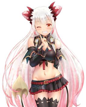 1girl ;d absurdres arm_behind_back belt between_breasts black_shirt black_skirt black_sleeves black_thighhighs black_vest blush breasts cleavage_cutout clothing_cutout collared_shirt commentary_request cone_hair_bun covering_crotch covering_privates cowboy_shot crop_top cropped_shirt cropped_vest curled_horns demon_girl demon_horns demon_tail detached_sleeves double_bun fang finger_to_cheek frilled_skirt frills gradient_hair grey_hair grin groin hair_bun haniwa_(leaf_garden) headgear highres horns indie_virtual_youtuber long_hair long_sleeves looking_at_viewer lowleg lowleg_skirt medium_breasts microskirt midriff multicolored_hair navel necktie necktie_between_breasts one_eye_closed open_clothes open_mouth open_vest orange_eyes pink_hair pink_streaks pleated_skirt pointy_ears red_belt red_horns red_necktie shirt side_up_bun simple_background skirt sleeveless sleeveless_shirt smile solo spiked_horns stomach suou_patra suou_patra_(1st_costume) tail thighhighs transparent_background very_long_hair vest virtual_youtuber