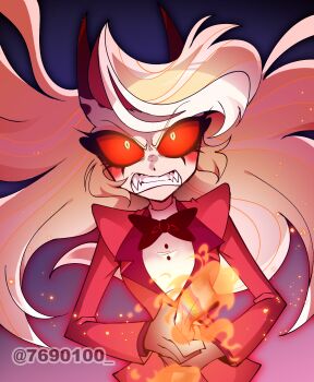 1girl angry black_bow black_bowtie blonde_hair blue_background bow bowtie buttons charlie_morningstar circle_facial_mark clenched_teeth colored_sclera commentary_request demon_girl demon_horns eyelashes fire floating_hair hazbin_hotel hellaverse highres holding holding_paper horns jacket layered_sleeves long_hair long_sleeves looking_at_viewer menattou official_alternate_eye_color official_alternate_hairstyle outline paper red_horns red_jacket red_outline red_sclera sharp_teeth shirt simple_background solo swept_bangs teeth traditional_bowtie turtleneck turtleneck_shirt twitter_username underlighting upper_body v-shaped_eyebrows very_long_hair white_shirt wide-eyed