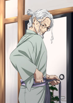Rule 34 | 1boy, beard, closed mouth, commentary request, facial hair, glasses, grey hair, grey kimono, hair bun, highres, japanese clothes, kimono, long sleeves, male focus, musasabiop, old, old man, one piece, round eyewear, scar, scar across eye, scar on face, silvers rayleigh, single hair bun, solo, standing, tying, upper body