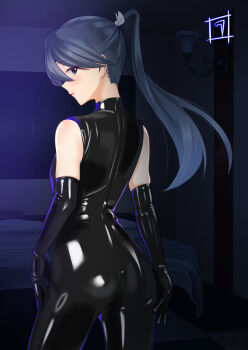 Rule 34 | 1girl, alternate costume, ass, black bodysuit, black gloves, black hair, blue eyes, bodysuit, breasts, commentary request, elbow gloves, from behind, gloves, highres, houshou (kancolle), kantai collection, latex, latex bodysuit, long hair, ponytail, skin tight, small breasts, smile, solo, standing, wata nuki