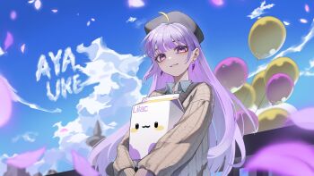 1girl absurdres ayauke balloon beret blue_sky brown_sweater carrying character_name cloud commentary_request day earrings floating_earrings flower_earrings grey_hat hat highres jewelry korean_commentary long_hair long_sleeves looking_at_viewer outdoors parted_lips pink_eyes project_[i] purple_hair sky smile solo straight_hair sweater upper_body virtual_youtuber wh1tedwar_f wing_collar wispy_bangs