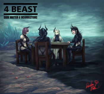 4girls ass bahamut_(nikke) bare_shoulders behemoth_(nikke) black_hair bodysuit breasts bridal_gauntlets chair dandelion_yarn from_behind gloves goddess_of_victory:_nikke green_eyes green_hair grey_hair highres horns large_breasts leviathan_(nikke) long_hair multicolored_hair multiple_girls open_mouth pantyhose ponytail red_eyes short_hair sitting smile table thighhighs thong thong_under_pantyhose very_long_hair ziz_(nikke)