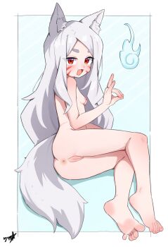 1girl :3 :d absurdres animal_ear_fluff animal_ears anus artist_name barefoot blue_background boppin border breasts cleft_of_venus completely_nude facial_mark feet fox_ears fox_girl fox_shadow_puppet fox_tail full_body highres hitodama loli lying nude ok_sign on_side open_mouth pussy red_eyes sewayaki_kitsune_no_senko-san shiro_(sewayaki_kitsune_no_senko-san) signature simple_background small_breasts smile soles solo tail thick_eyebrows uncensored variant_set whisker_markings white_background white_border white_hair