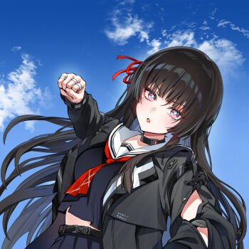 1girl arm_cutout black_choker black_hair black_jacket black_serafuku black_shirt blue_sky chisa_(wuthering_waves) choker clenched_hand clothing_cutout commentary day english_commentary foxyreine hair_ribbon highres incoming_attack incoming_punch jacket korean_girl_in_a_gru_scarf_punching_(meme) long_hair long_sleeves looking_at_viewer meme mole mole_under_eye neckerchief open_mouth outdoors photo_background punching red_eyes red_neckerchief red_ribbon ribbon sailor_collar school_uniform serafuku shirt sky solo upper_body v-shaped_eyebrows very_long_hair white_sailor_collar wuthering_waves