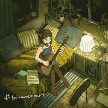 1girl animal_ears bed bedroom black_camisole black_shorts blunt_bangs bookshelf brown_hair brown_pantyhose camisole character_request closed_mouth collar commentary_request copyright_request from_above full_body guitar highres holding holding_guitar holding_instrument indoors instrument jimini_shijimi lamp medium_hair night no_shoes on_bed pantyhose pantyhose_under_shorts pillow plant potted_plant shorts sitting slice_of_life solo spaghetti_strap window wooden_floor