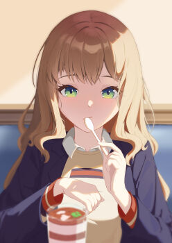 Rule 34 | 1girl, absurdres, alexhiro, black jacket, blurry, blurry foreground, brown hair, brown shirt, closed mouth, collared shirt, commentary request, depth of field, food, green eyes, gridman universe, hands up, highres, holding, holding spoon, jacket, long hair, long sleeves, looking at viewer, minami yume, open clothes, open jacket, puffy long sleeves, puffy sleeves, shirt, solo, spoon, ssss.dynazenon, upper body, very long hair, white shirt