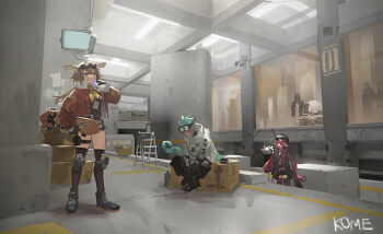 1boy 2girls 2others aciddrop_(arknights) ahoge arknights artist_name black_legwear blue_hair bottle box brown_hair commentary crown dark-skinned_male dark_skin doctor_(arknights) drinking ethan_(arknights) eyewear_on_head frischenq goggles head_wings holding holding_bottle holding_polearm holding_skateboard holding_weapon horns horns_through_headwear indoors infection_monitor_(arknights) jacket knee_pads ladder lancet-2_(arknights) lizard_tail long_hair multiple_girls multiple_others neckerchief on_box pointy_ears polearm red_hair red_jacket short_hair sitting sitting_on_box skateboard symbol-only_commentary tail thighhighs very_long_hair vigna_(arknights) water_bottle weapon white_jacket wings yellow_neckerchief