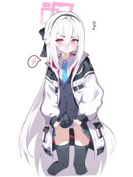 1girl black_hairband black_skirt black_thighhighs blue_archive blue_necktie blush cardcat_00 clothes_lift collared_shirt commentary flying_sweatdrops hair_between_eyes hairband halo highres jacket kei_(blue_archive) kei_(new_body)_(blue_archive) long_bangs long_hair long_hair_between_eyes looking_at_viewer necktie panties pink_halo pleated_skirt rectangular_halo shirt simple_background skirt skirt_lift solo spoken_blush striped_clothes striped_panties sweatdrop thighhighs underwear very_long_hair white_background white_hair white_jacket white_shirt