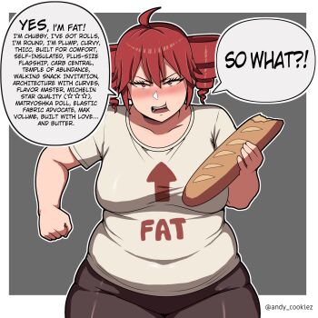 !? ... 1girl absurdres ahoge alternate_body_size andycookiez arrow_(symbol) artist_name baguette blush border bread breasts brown_pants clenched_hand collarbone commentary covered_navel cowboy_shot drill_hair english_commentary english_text fatass_teto_(meme) food grey_background hair_between_eyes highres kasane_teto large_breasts long_hair looking_at_viewer meme open_mouth outline pants plump red_eyes red_hair solo speech_bubble spoken_ellipsis straight-on talking thick_arms tsurime twin_drills twitter_username utau white_border white_outline