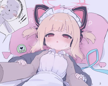 ! !! 1boy 1girl ? animal_ear_headphones animal_ears apron blank_eyes blonde_hair blue_archive blush cat_ear_headphones cat_ears commentary dazed doodle_sensei_(blue_archive) fake_animal_ears grabbing_another's_breast groping halo headphones highres looking_at_viewer lying maid maid_apron maid_headdress momoi_(blue_archive) momoi_(maid)_(blue_archive) on_back open_mouth pink_eyes pink_halo pink_pillow ruten_(onakasukusuku) sensei_(blue_archive) short_hair sweat
