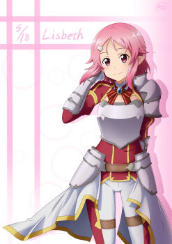 1girl anime_coloring armor belt birthday breastplate brown_belt character_name closed_mouth collared_jacket commentary dated freckles gauntlets gloves hair_ornament hairclip hand_up highres hip_armor jacket ken-ji light_blush lisbeth_(sao) lisbeth_(sao-alo) long_sleeves looking_at_viewer pants pink_background pink_hair pointy_ears puffy_long_sleeves puffy_sleeves red_eyes red_jacket red_ribbon ribbon sash short_hair shoulder_armor sidelocks signature smile standing striped_ribbon sword_art_online white_background white_gloves white_pants white_sash