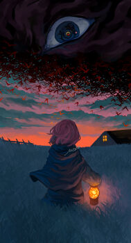 1girl absurdres black_cloak black_shirt building cloak cloud cloudy_sky commentary_request dusk eyeball field flock from_behind highres holding holding_lantern horror_(theme) kumonoshiori lantern long_sleeves medium_hair original outdoors pink_hair shirt signature simple_bird sky solo standing