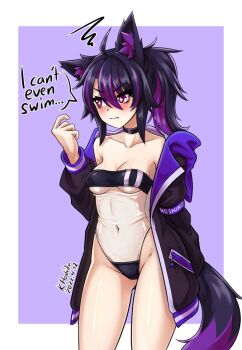 Rule 34 | 1girl, ahoge, animal ear fluff, animal ears, arm behind back, artist name, black choker, black fur, black hair, black jacket, blush, border, bow, breasts, choker, cleavage, collarbone, colored inner hair, commentary, cowboy shot, cross-shaped pupils, dated, english commentary, english text, fox ears, fox girl, fox tail, gris swimsuit, hair between eyes, hand up, high ponytail, highleg, highleg one-piece swimsuit, jacket, medium breasts, multicolored hair, navel, off shoulder, one-piece swimsuit, original, ponytail, purple bow, purple fur, purple hair, purple lining, purple streaks, red eyes, see-through clothes, see-through one-piece swimsuit, sidelocks, sideways glance, signature, solo, speech bubble, squiggle, sumire (vixenofthestars), swimsuit, symbol-shaped pupils, tail, underboob, vixenofthestars, white border, zipper pull tab