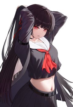 1girl absurdres arm_strap black_choker black_hair black_shirt black_skirt breasts chinese_commentary chisa_(wuthering_waves) choker closed_mouth collarbone commentary cowboy_shot hair_ribbon highres long_hair medium_breasts mole mole_under_eye navel neckerchief pexys red_eyes red_neckerchief red_ribbon ribbon sailor_collar shirt simple_background skirt solo stomach very_long_hair white_background white_sailor_collar wuthering_waves