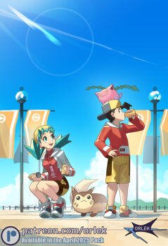 1girl backwards_hat baseball_cap beanie bike_shorts black_hair blue_eyes blue_hair blue_sky breasts can closed_mouth cloud drinking ethan_(pokemon) furret gen_2_pokemon goldenrod_city hat holding holding_can hoppip jacket kris_(pokemon) lamppost long_hair long_sleeves nintendo no_socks on_head open_clothes open_jacket open_mouth orlek outdoors pokemon pokemon_(creature) pokemon_gsc pokemon_on_head red_jacket red_shirt shirt short_hair shorts sky smile teeth twintails upper_teeth_only white_jacket yellow_eyes yellow_hat yellow_shorts