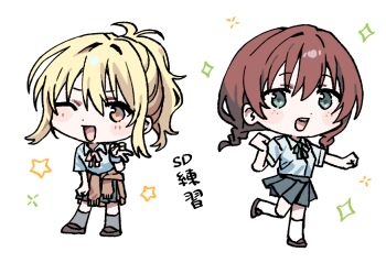 Rule 34 | 2girls, :d, ;d, aqua eyes, black skirt, blonde hair, blue shirt, braid, brown cardigan, brown shoes, cardigan, cardigan around waist, chibi, chibi only, clothes around waist, collared shirt, commentary request, dress shirt, emma verde, green ribbon, grey socks, gyaru, gyaru v, hand on own knee, kneehighs, leaning forward, leg up, loafers, looking at viewer, love live!, love live! nijigasaki high school idol club, low twin braids, miniskirt, miyashita ai, multiple girls, neck ribbon, nijigasaki school uniform, one eye closed, open mouth, orange eyes, pink ribbon, pleated skirt, ponytail, posushi, ribbon, school uniform, shirt, shoes, short sleeves, skirt, smile, socks, standing, standing on one leg, summer uniform, teeth, translation request, twin braids, upper teeth only, v, white socks