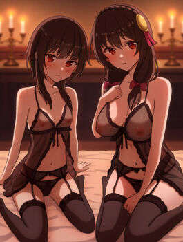 2girls alternate_costume babydoll bare_arms bare_shoulders bed bed_sheet between_legs black_babydoll black_garter_belt black_hair black_panties black_thighhighs blush bow breasts candle candlestand cleavage closed_mouth collarbone full_body garter_belt hair_bow hair_ornament hand_between_legs hand_on_own_chest hangaku_banana highres indoors kono_subarashii_sekai_ni_shukufuku_wo! large_breasts loli looking_at_viewer low_twintails megumin multiple_girls navel nipples on_bed panties red_bow red_eyes see-through_babydoll see-through_clothes short_hair_with_long_locks sitting small_breasts sweat thighhighs twintails underwear underwear_only wariza yunyun_(konosuba)