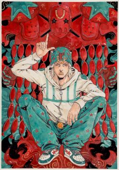 1boy 1other absurdres adapted_costume alternate_costume aqua_hat aqua_pants beanie belt_buckle buckle commentary english_commentary food fruit hat heart_ornament highres hood hood_down hoodie horse_print horseshoe_hat_ornament horseshoe_ornament index_finger_raised johnny_joestar jojo_no_kimyou_na_bouken long_sleeves male_focus medium_hair painting_(medium) pants pointing pointing_up red_eyes shoes sitting sneakers solo stand_(jojo) star_(symbol) star_print steel_ball_run traditional_media tusk_(stand) tusk_act4 watercolor_(medium) white_hair white_hoodie xfkart