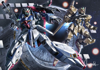 amasaki_yusuke artist_name beam_rifle clenched_hand energy_gun explosion glowing glowing_eyes green_eyes gun gundam holding holding_gun holding_weapon hyaku_shiki mecha mecha_focus mobile_suit no_humans robot science_fiction space v-fin weapon zeta_gundam zeta_gundam_(mobile_suit)