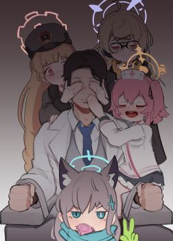 1boy 4girls absurdres animal_ear_fluff armchair bags_under_eyes black_choker black_hair blazer blue_archive blue_eyes blue_necktie blue_scarf bound business_suit chair choker collared_shirt commentary_request condom condom_wrapper covering_another's_ears covering_another's_eyes covering_another's_mouth cross_hair_ornament extra_ears feather_hair formal_clothes glasses gloves green_gloves grey_hair hair_between_eyes hair_ornament halo hand_on_headphones hat headphones highres jacket kotama_(blue_archive) light_brown_hair listening long_hair long_sleeves looking_at_viewer lulubelleiii medium_hair mismatched_pupils mouth_hold multiple_girls necktie nervous_sweating nodoka_(blue_archive) nurse_cap one_side_up orange_eyes pink_hair scarf school_uniform sensei_(blue_archive) serafuku serina_(blue_archive) shade shiroko_(blue_archive) shirt sidelocks sitting suit sweat three_monkeys tied_up_(nonsexual) v wolf wolf_girl x_hair_ornament yandere