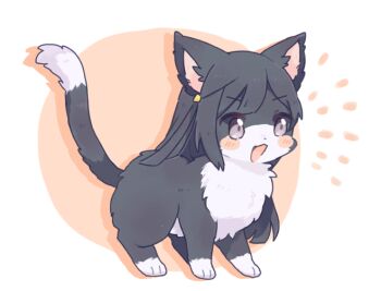 1girl animal_focus animalization black_fur black_hair blush_stickers cat commentary_request full_body long_hair love_live! love_live!_nijigasaki_high_school_idol_club nako_(user_wnnm5534) no_humans open_mouth solo standing white_fur yuki_setsuna