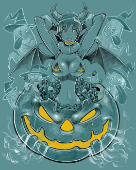 1girl absurdres armpits arms_up bat_wings bikini blush_stickers breasts candy cleavage commentary demon_girl english_commentary food ghost godtail halloween hat highres horns jack-o&#039;-lantern large_breasts lollipop mouth_hold narrow_waist navel original red_eyes short_hair simple_background solo spot_color swimsuit tongue tongue_out wings witch_hat