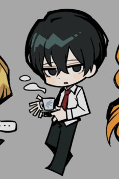 1boy black_eyes black_hair black_pants chibi collared_shirt commentary cup dated_commentary full_body grey_background holding holding_cup holding_plate ishmael_(project_moon) limbus_company looking_at_viewer necktie official_art out_of_frame pants plate project_moon red_necktie shirt simple_background sinclair_(project_moon) steam teacup white_shirt yi_sang_(project_moon)