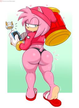 1girl absurdres amy_rose animal_ears artist_name ass beanie black_panties blush breasts from_behind furry furry_female gloves green_eyes hammer hat heart hedgehog highres holding holding_hammer holding_phone holding_weapon jacket jinu_(jinusenpai) large_breasts looking_at_viewer looking_back no_pants panties phone pink_hair pink_jacket rouge_the_bat sandals solo sonic_(series) tail thick_thighs thighs thong underwear weapon white_gloves