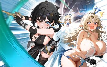 2girls bare_shoulders black_hair blonde_hair blue_eyes blush boots breasts cleavage closed_eyes commentary_request cross-laced_clothes cross-laced_dress cross-laced_top crown_of_thorns earrings elbow_pads female_rover_(wuthering_waves) fleurdelys_(wuthering_waves) gloves glowing glowing_eye hairclip highres holding holding_sword holding_weapon horns huge_breasts jewelry large_breasts long_hair long_horns multiple_girls open_mouth parallel_hairclips partially_fingerless_gloves pointy_ears ribbon rover_(wuthering_waves) single_horn sword tacet_mark_(wuthering_waves) thighhighs thighhighs_under_boots torn_clothes triangle_earrings weapon william23784331 wuthering_waves yellow_eyes yellow_horns yellow_ribbon
