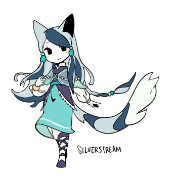 1girl animal_ears aqua_capelet aqua_skirt beads black_eyes blue_shirt blush_stickers bracelet braid capelet cat_ears cat_girl cat_tail character_name chinese_commentary commentary_request deformed flat_color full_body gold_bracelet grey_hair hair_beads hair_ornament highres jewelry long_hair looking_at_viewer multicolored_hair personification rehtaef shirt silverstream_(warrior_cats) simple_background single_braid skirt smile solo standing streaked_hair tail the_prophecies_begin very_long_hair warrior_cats white_background