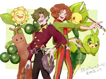 2boys :> ^_^ black_pants blush brassius_(pokemon) brown_hair burgh_(pokemon) closed_eyes closed_mouth commentary_request doaaaaaaaaaa gen_2_pokemon gen_5_pokemon green_eyes green_hair green_shirt hair_over_one_eye holding holding_paintbrush holding_whip jitome leavanny long_sleeves male_focus multicolored_pants multiple_boys nintendo occupation_connection open_mouth paint paintbrush pants pokemon pokemon_(creature) pokemon_bw pokemon_sv red_scarf red_shirt scarf shirt smile striped_clothes striped_pants sudowoodo sunflora swadloon teeth translation_request whip