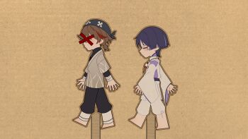 Rule 34 | 2boys, absurdres, arms at sides, barefoot, black pants, black sash, black sleeves, blunt ends, brown hair, brown outline, cardboard, cardboard cutout, censored, censored identity, closed eyes, closed mouth, clothing cutout, eyeliner, eyeshadow, facing another, feathers, from side, genshin impact, grass print, grey kimono, headscarf, highres, japanese clothes, kariginu, kimono, layered sleeves, long sleeves, low ponytail, makeup, miaoyeza233, mid-stride, multicolored hair, multiple boys, niwa (genshin impact), open hands, outline, pants, pom pom (clothes), ponytail, profile, purple hair, purple kimono, purple sleeves, red eyeliner, red eyeshadow, red hair, sash, scaramouche (genshin impact), scaramouche (kabukimono) (genshin impact), shirt, short ponytail, short sleeves, shoulder cutout, side cutout, streaked hair, string, teardrop, tearing up, tears, turtleneck, turtleneck shirt, undershirt, walking, white pants, wide sleeves, wrist wrap, x (symbol), yellow feathers