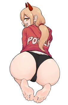 1girl absurdres ass ass_focus bare_legs barefoot black_panties blonde_hair cameltoe chainsaw_man character_name commentary cross-shaped_pupils demon_girl demon_horns english_commentary feet hair_between_eyes highres hood hood_down hoodie horns kneeling long_hair long_hair_between_eyes looking_at_viewer open_mouth panties partially_visible_vulva power_(chainsaw_man) red_hoodie red_horns ringed_eyes sharp_teeth simple_background softhanten soles solo symbol-shaped_pupils teeth thong toes underwear wedgie white_background yellow_eyes