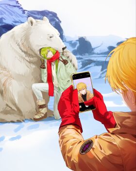 1boy 1other absurdres bear black_shirt blonde_hair blue_eyes brown_gloves double_v earrings emalfire enkidu_(fate) fate/strange_fake fate_(series) gilgamesh_(fate) gloves green_hair head_in_mouth highres jacket jewelry long_coat necklace on_one_knee pants polar_bear red_eyes red_gloves red_scarf scarf selfie selfie_prank shirt sparkle turtleneck v white_pants white_shirt winter_clothes yellow_jacket