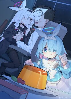 1boy 2girls :p absurdres arona_(blue_archive) black_choker black_coat black_eyes black_hairband black_pantyhose black_sailor_collar black_serafuku black_shirt black_skirt blue_archive blue_eyes blue_hair blue_halo blue_pupils blue_shirt book bow bow_hairband braid chinese_commentary choker closed_mouth clothes_grab coat collarbone colored_inner_hair commentary_request doodle_sensei_(blue_archive) food girl_on_top hair_bow hair_over_one_eye hairband halo highres holding holding_hands holding_spoon interlocked_fingers long_hair long_sleeves miniskirt multicolored_hair multiple_girls necktie necktie_grab neckwear_grab night no_shoes pantyhose pink_hair plana_(blue_archive) pudding puffy_long_sleeves puffy_sleeves red_halo red_necktie red_pupils sailor_collar school_uniform sensei_(blue_archive) serafuku shirt short_hair side_braid single_braid skirt smile spoon thighband_pantyhose toes tongue tongue_out two-tone_hair white_bow white_choker white_hair white_hairband white_sailor_collar white_shirt white_skirt yangge