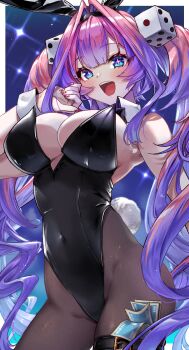 1girl absurdres animal_ears black_pantyhose blue_eyes breasts commentary_request covered_navel detached_collar dice_hair_ornament hair_ornament highres hololive hololive_dev_is kikirara_vivi large_breasts leotard long_hair money multicolored_hair ooike_teru pantyhose pink_hair pink_nails playboy_bunny purple_hair rabbit_ears rabbit_tail strapless strapless_leotard tail thigh_strap tucked_money twintails two-tone_hair virtual_youtuber wrist_cuffs