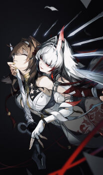 2girls absurdres breast_press breasts breasts_on_another's_back brown_hair commentary_request dual_persona elbow_gloves fingerless_gloves floating floating_object floating_sword floating_weapon gloves hair_intakes hand_on_another's_chin highres large_breasts leg_tattoo merah_drow multicolored_hair multiple_girls pankou parted_lips pelvic_curtain red_eyes red_ribbon ribbon sword tattoo weapon white_gloves white_hair ye_shunguang yellow_nails zenless_zone_zero