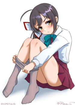 Rule 34 | 1girl, ahoge, black hair, blush, bow, bowtie, commentary request, dress, dressing, embarrassed, fujinami (kancolle), hair ribbon, kantai collection, long hair, long sleeves, looking at viewer, pantyhose, purple hair, ray.s, ribbon, school uniform, shirt, side ponytail, solo, white ribbon, white shirt, yellow eyes