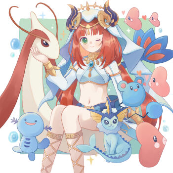 1girl arri_(arrihare) azurill bracer brooch circlet dancer fake_horns feet_out_of_frame gen_1_pokemon gen_2_pokemon gen_3_pokemon genshin_impact gladiator_sandals gold_bracer green_eyes harem_outfit highres horns jewelry long_hair long_sleeves low_twintails luvdisc midriff milotic navel nilou_(genshin_impact) nintendo one_eye_closed parted_bangs pokemon pokemon_(creature) red_hair sandals sidelocks sitting twintails vaporeon veil white_veil wooper