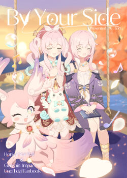 2girls ;o absurdres air_bubble animal animal_on_lap aqua_hair bare_shoulders bubble coat comiket_107 commentary_request cover cover_page cyrene_(honkai:_star_rail) cyrene_(philia093)_(honkai:_star_rail) dress english_text hair_ornament hat highres honkai:_star_rail honkai_(series) hyacine_(honkai:_star_rail) jewelry leo25_k little_ica_(honkai:_star_rail) medium_hair mem_(honkai:_star_rail) multiple_girls musical_note necklace on_lap on_swing one_eye_closed pegasus pink_hair purple_coat red_dress red_hat short_hair smile swing twintails white_dress white_hair