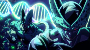 1boy absurdres cell_(dragon_ball) colored_skin dna dragon_ball dragonball_z evolutionary_line glowing glowing_eyes green_skin green_wings highres male_focus merik_(merimo) red_eyes smirk spiked_tail tail upper_body wings