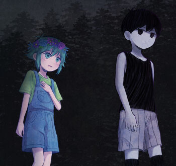 Rule 34 | 2boys, antenna hair, basil (headspace) (omori), basil (omori), blue overalls, colored skin, commentary request, flower, flower wreath, forest, green eyes, green hair, green shirt, head wreath, highres, male focus, multiple boys, nature, omori, omori (omori), outdoors, overall shorts, overalls, segue5o, shirt, short hair, short sleeves, t-shirt, white skin
