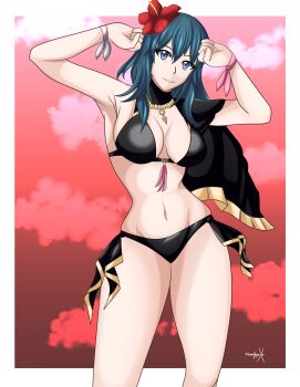 1girl absurdres alternate_costume bikini black_bikini black_swimsuit blue_eyes breasts female_byleth_(fire_emblem) female_byleth_(summer)_(fire_emblem) cleavage fire_emblem fire_emblem:_three_houses fire_emblem_heroes green_hair highres medium_breasts nintendo official_alternate_costume pin_up sonicheroxd swimsuit aqua_hair